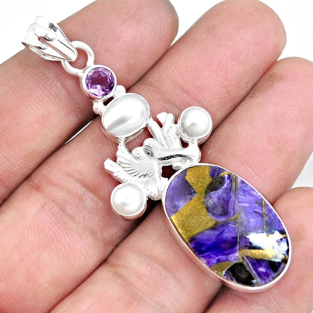 25.07cts natural purple charoite (siberian) 925 silver love birds pendant d30949