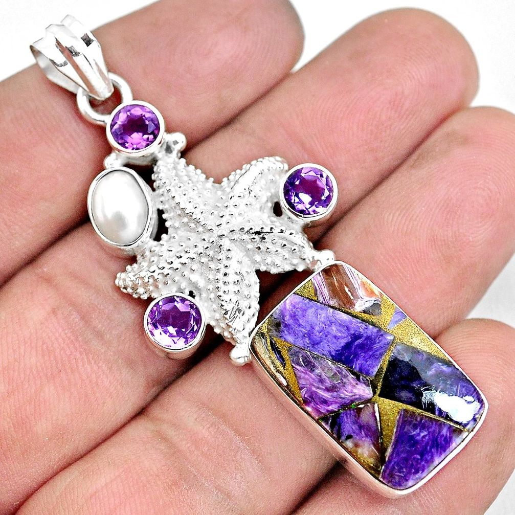 24.59cts natural purple charoite (siberian) 925 silver star fish pendant d30958