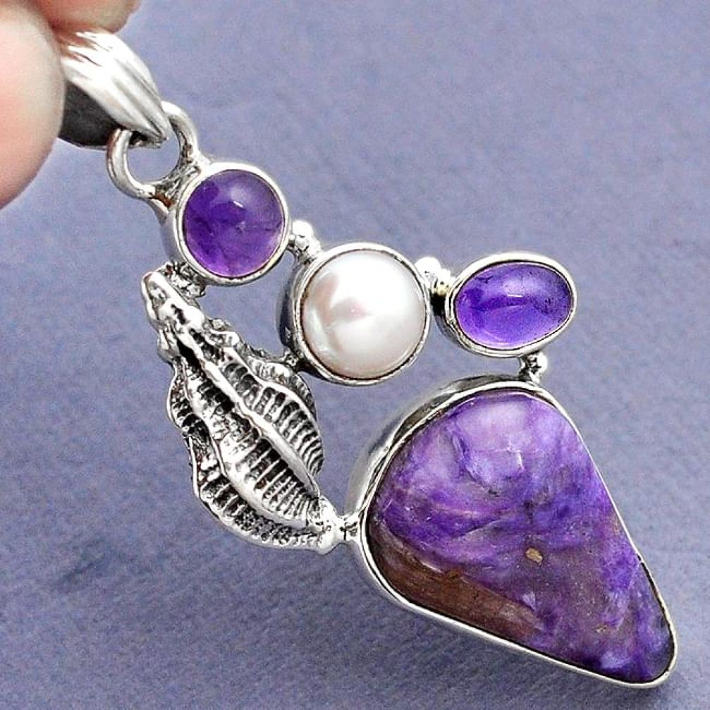 NATURAL PURPLE CHAROITE (SIBERIAN) PEARL 925 SILVER SNAIL PENDANT JEWELRY G94246