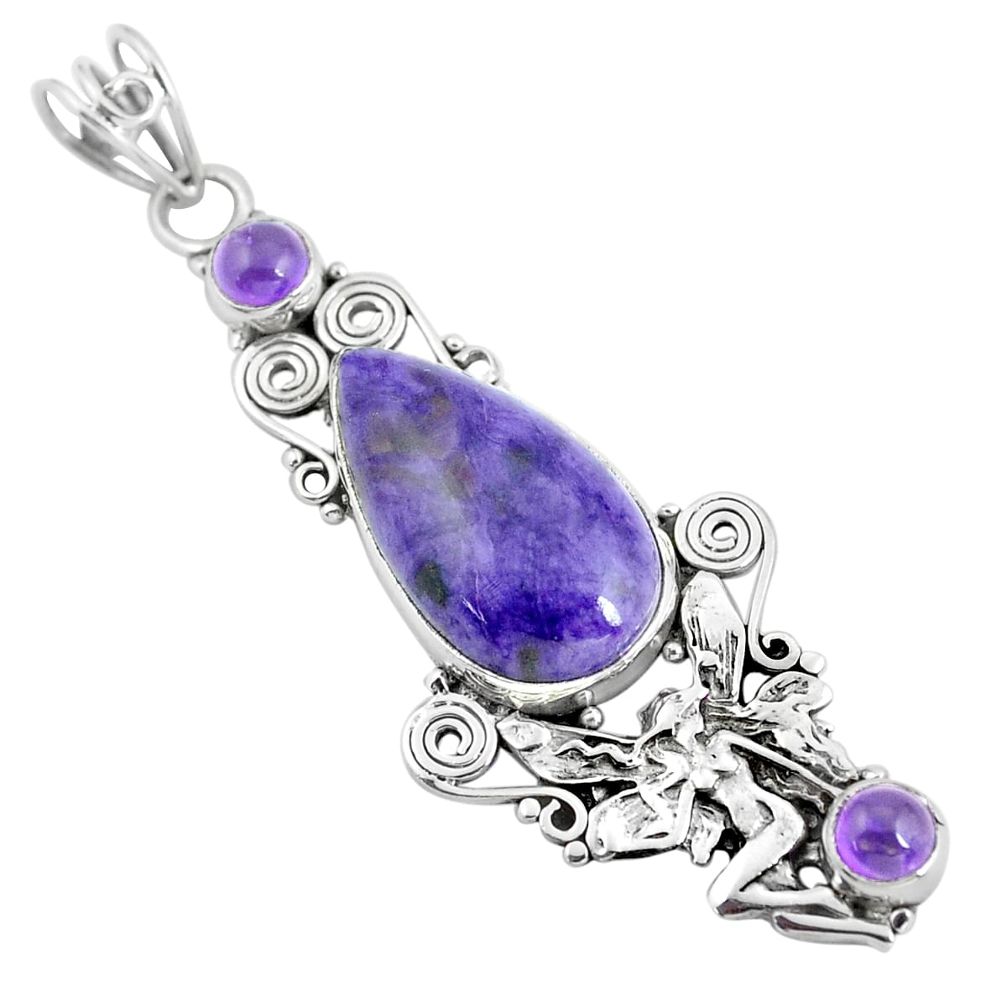 14.26cts natural purple charoite 925 silver angel wings fairy pendant d31973