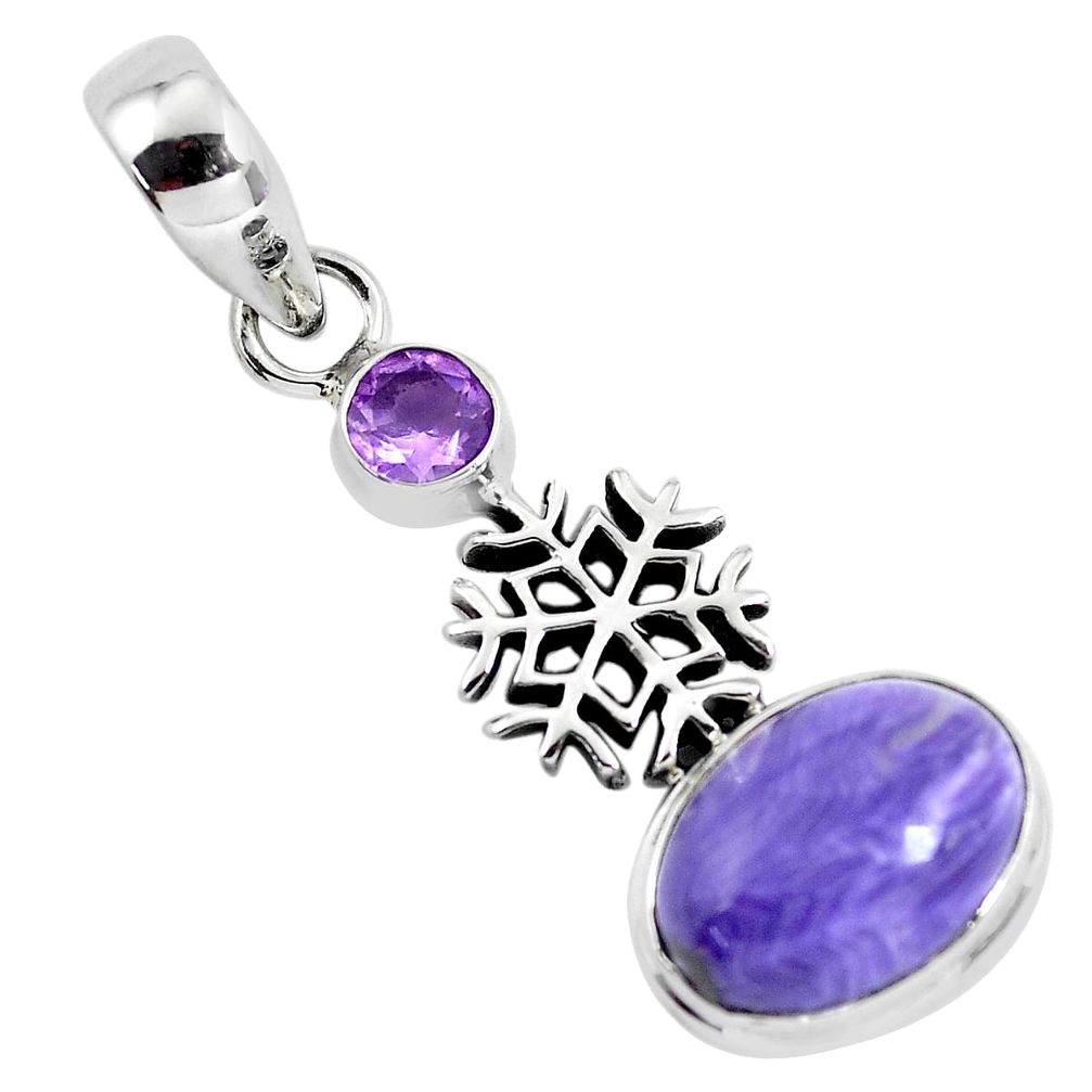 7.40cts natural purple charoite amethyst 925 silver snowflake pendant p55173