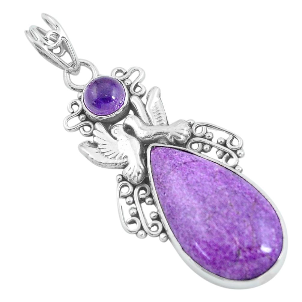 15.39cts natural purple purpurite amethyst 925 silver love birds pendant d31718