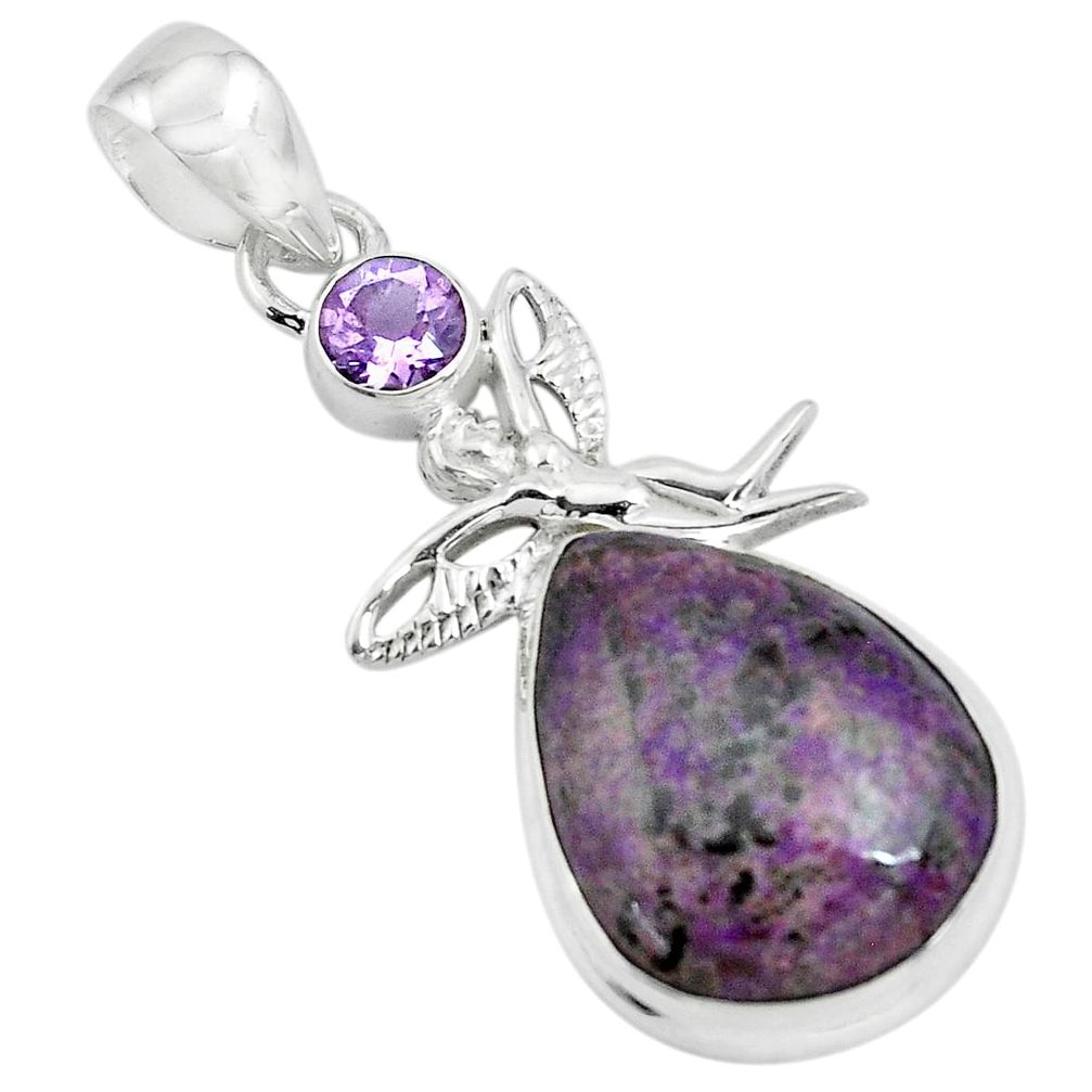 14.72cts natural purple sugilite 925 silver angel wings fairy pendant p69542