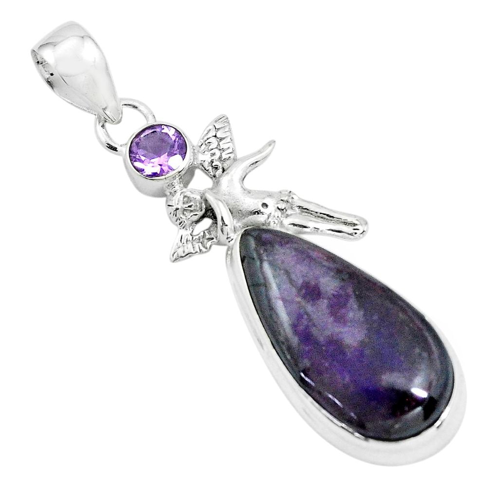 16.17cts natural purple sugilite 925 silver angel wings fairy pendant p69549