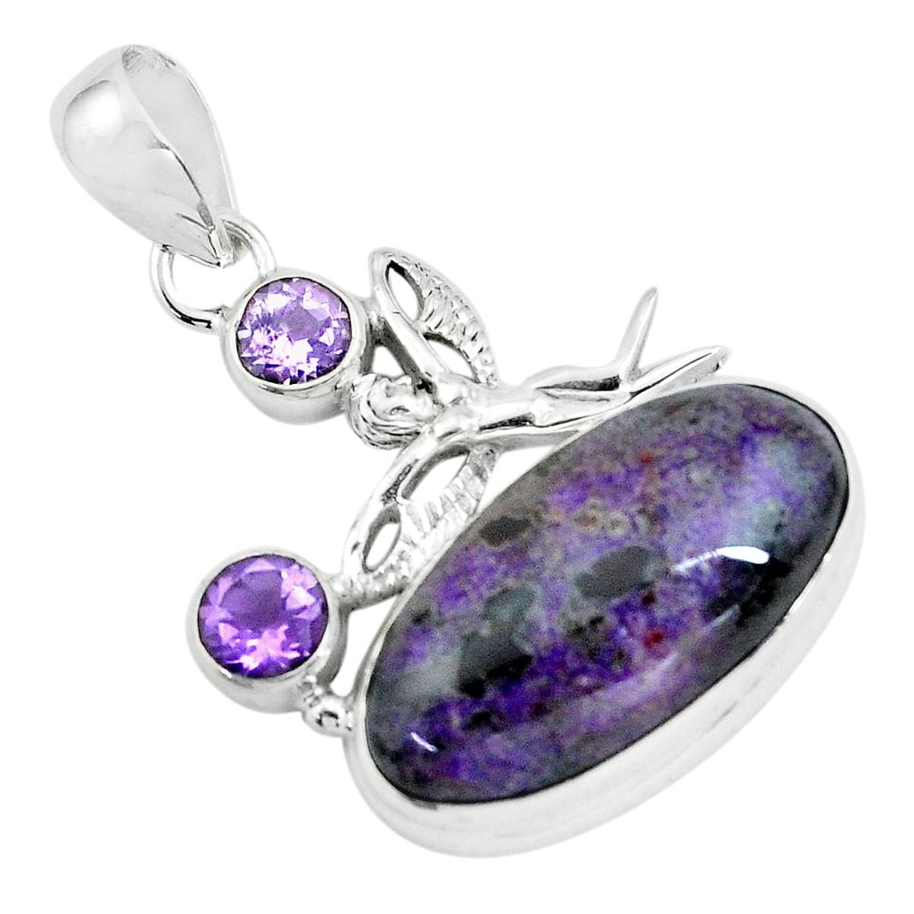 22.23cts natural purple sugilite 925 silver angel wings fairy pendant p69559