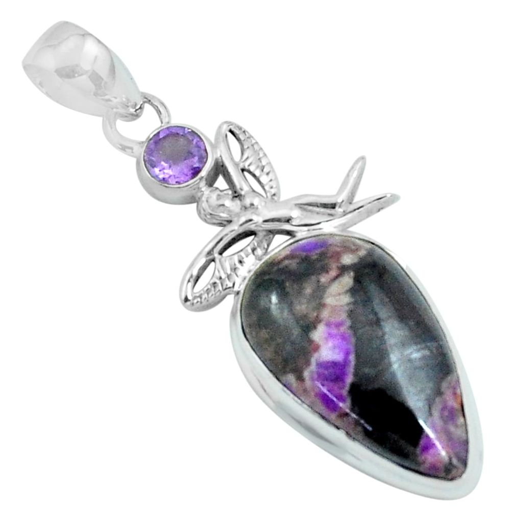 18.15cts natural purple sugilite 925 silver angel wings fairy pendant p69637