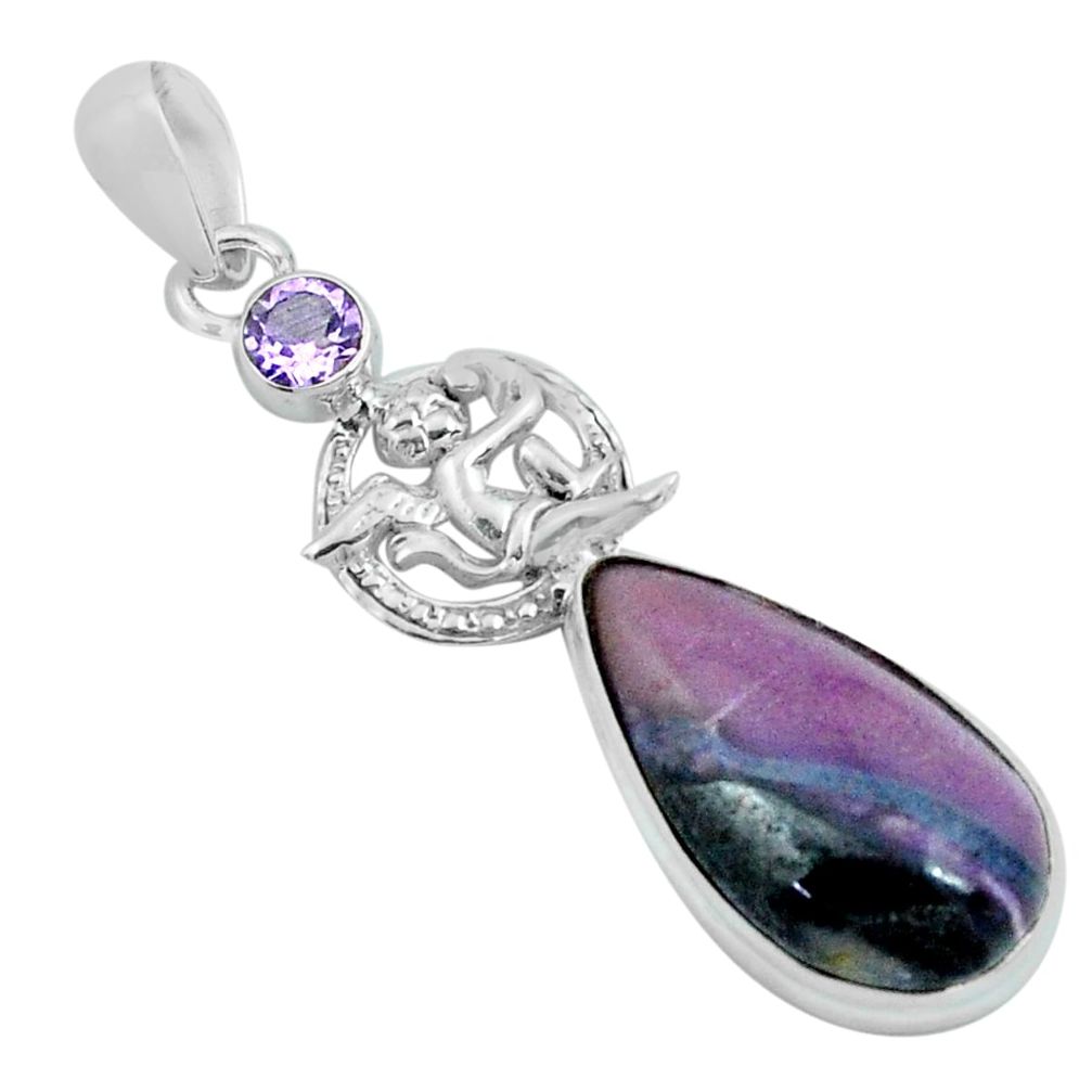 15.33cts natural purple sugilite 925 silver cupid angel wings pendant p69628