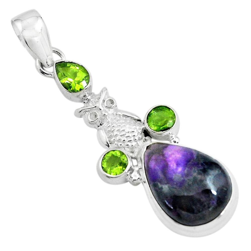 17.36cts natural purple sugilite peridot 925 sterling silver owl pendant p69547