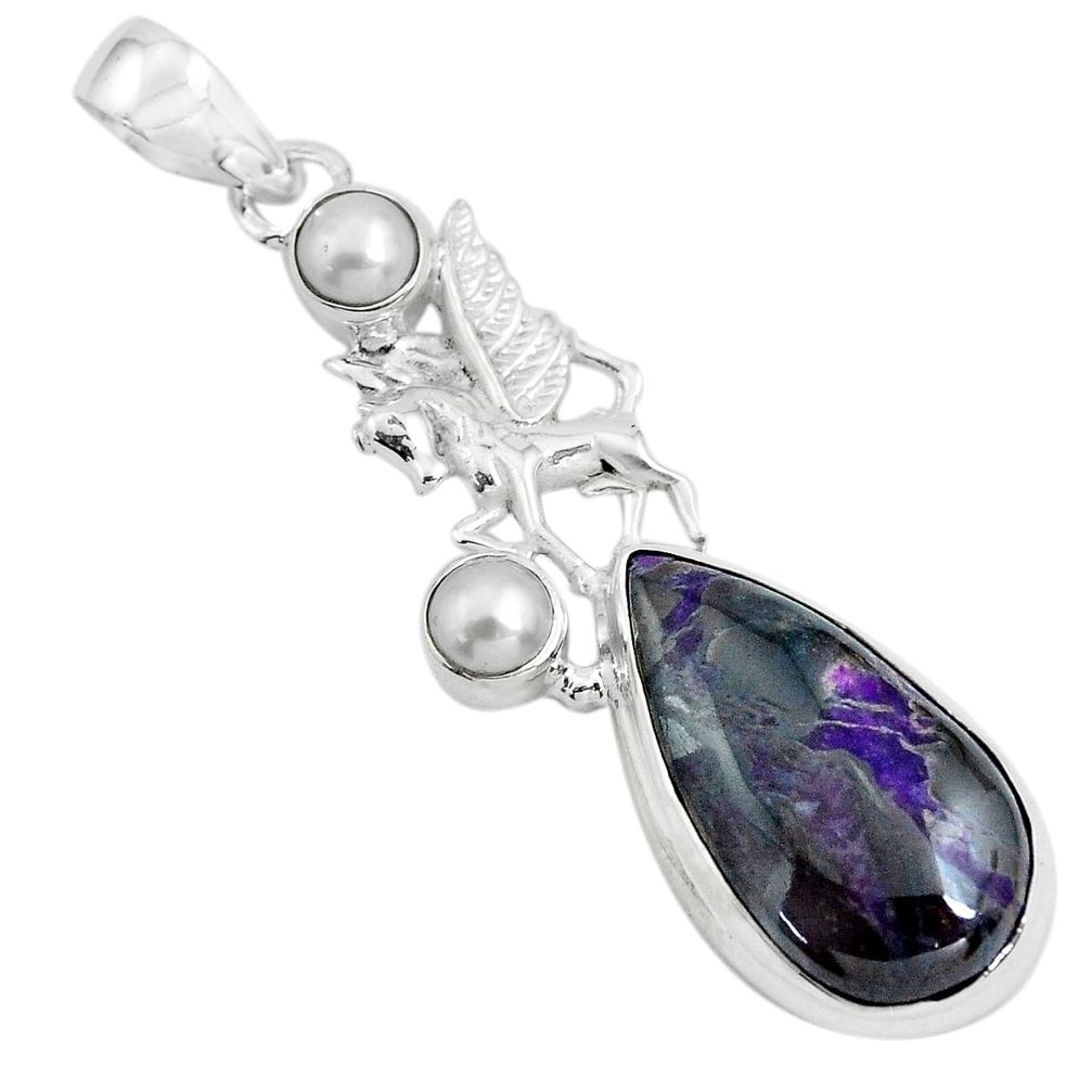 16.46cts natural purple sugilite white pearl 925 silver unicorn pendant p69567