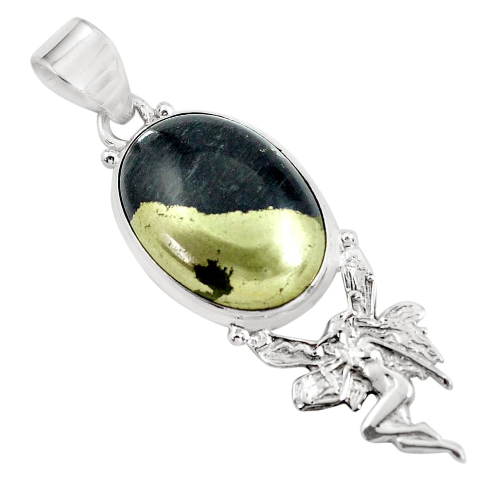15.93cts natural pyrite in magnetite 925 silver angel wings fairy pendant d31737