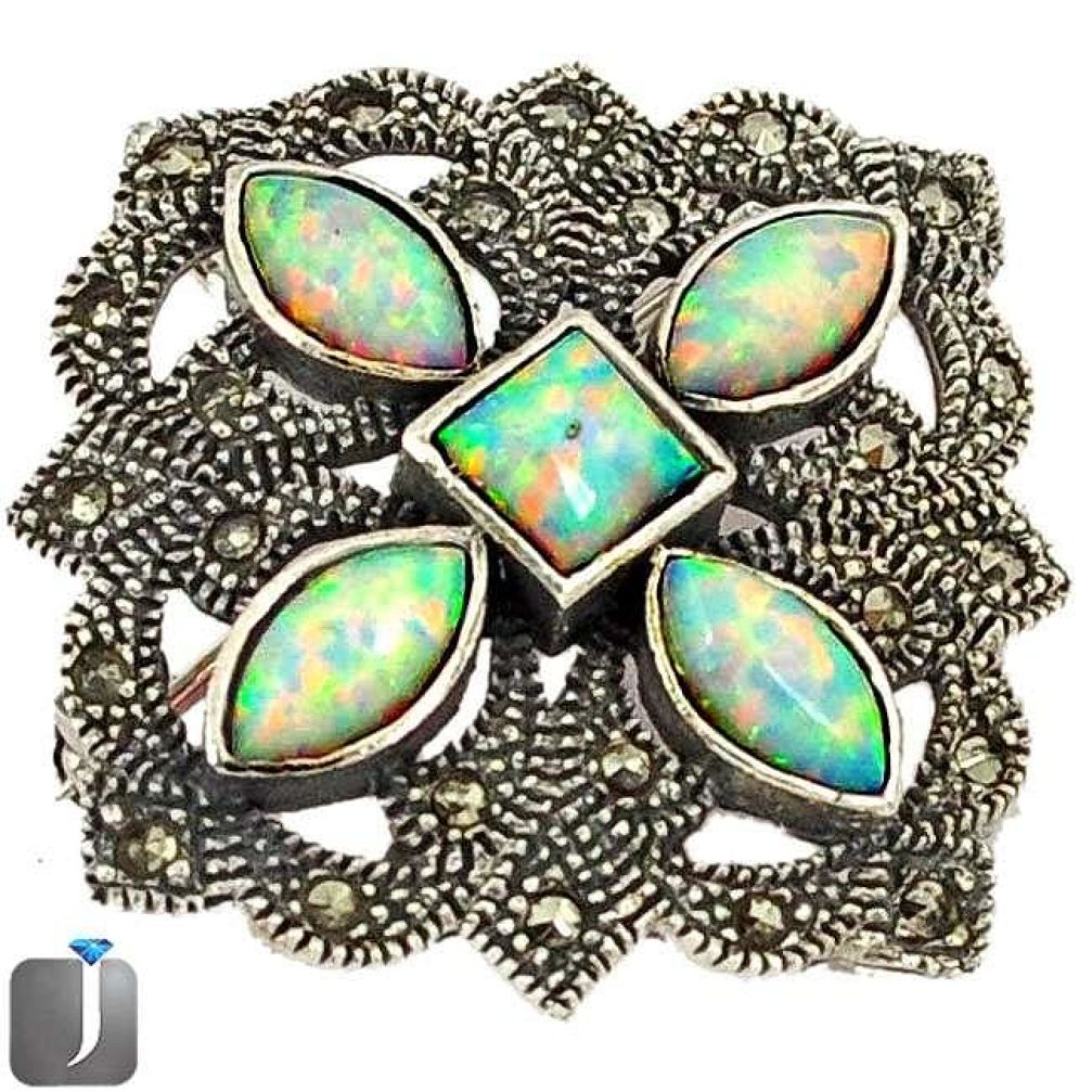 NATURAL RAINBOW AUSTRALIAN OPAL MARCASITE 925 SILVER BROOCH PENDANT G79743