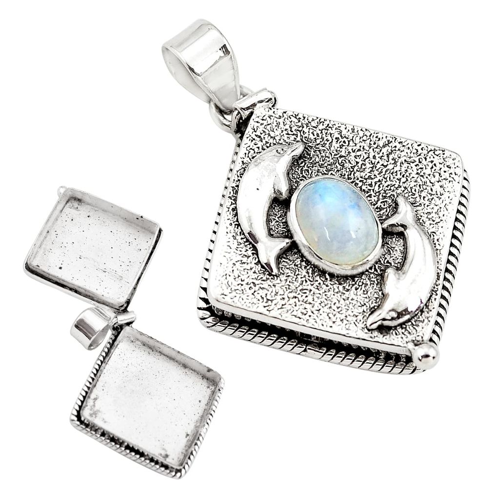 4.51cts natural rainbow moonstone 925 silver poison box dolphin pendant p79959