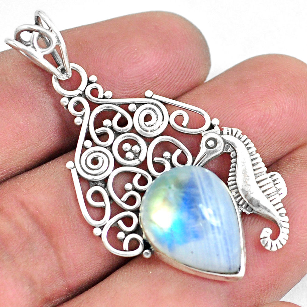 10.37cts natural rainbow moonstone 925 sterling silver seahorse pendant p59720