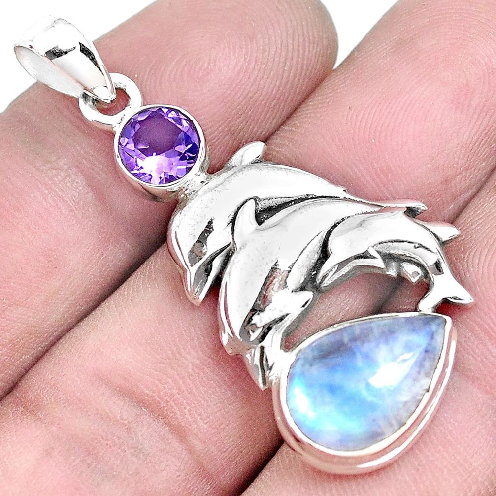 6.95cts natural rainbow moonstone amethyst 925 silver dolphin pendant p42058