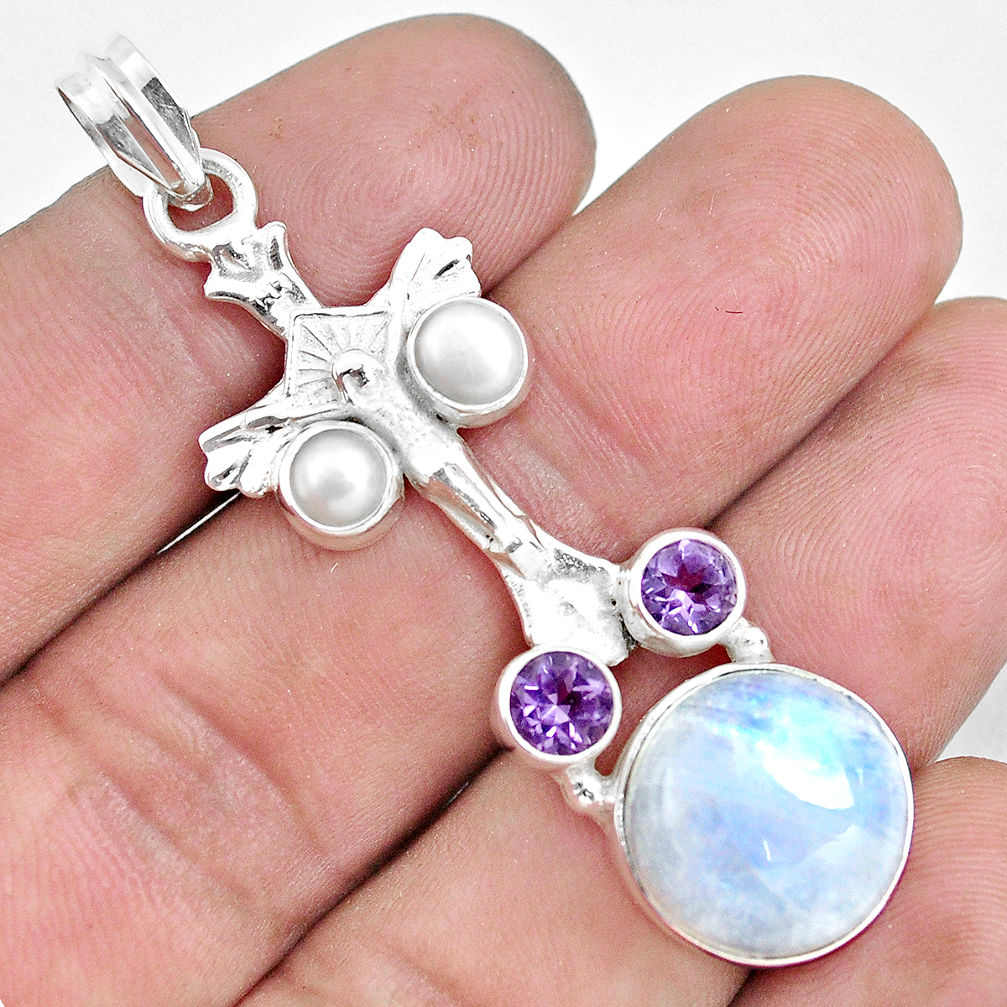 15.33cts natural rainbow moonstone amethyst 925 silver holy cross pendant d30979