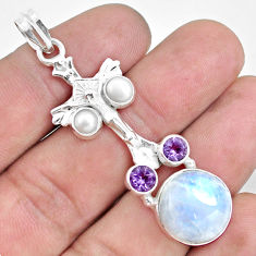 Clearance Sale- 15.33cts natural rainbow moonstone amethyst 925 silver holy cross pendant d30979