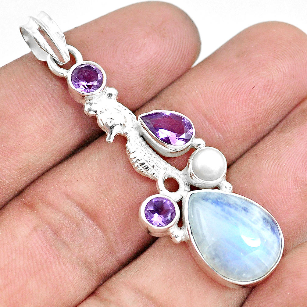 13.28cts natural rainbow moonstone amethyst 925 silver seahorse pendant d30970