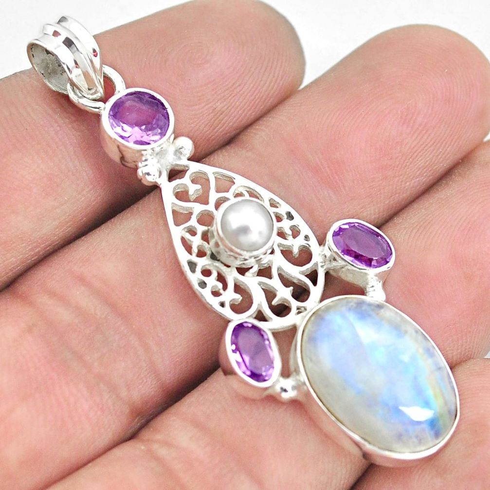 13.36cts natural rainbow moonstone amethyst 925 sterling silver pendant d31800