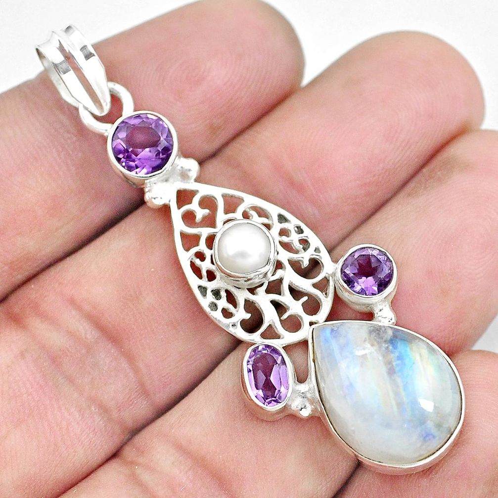 13.79cts natural rainbow moonstone amethyst 925 sterling silver pendant d31818