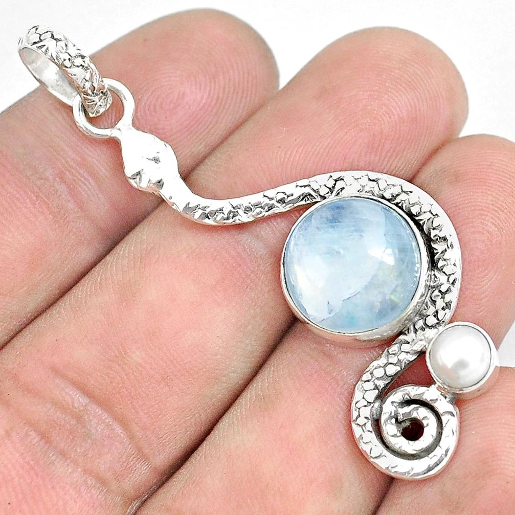 7.66cts natural rainbow moonstone pearl 925 sterling silver snake pendant p49219