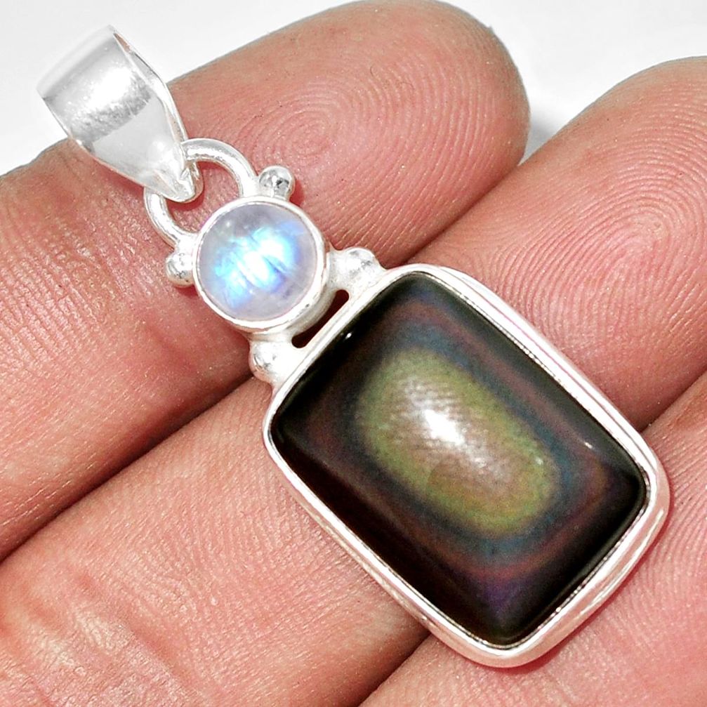 14.26cts natural rainbow obsidian eye moonstone 925 silver pendant p65682