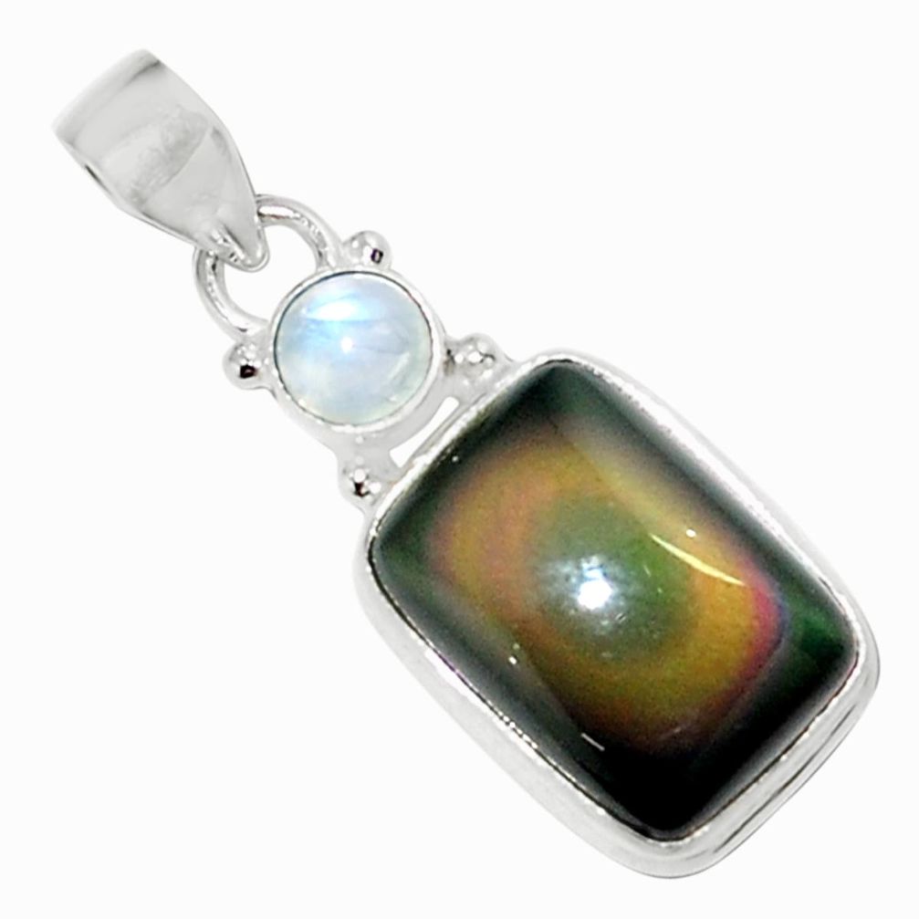 14.90cts natural rainbow obsidian eye moonstone 925 silver pendant p71278