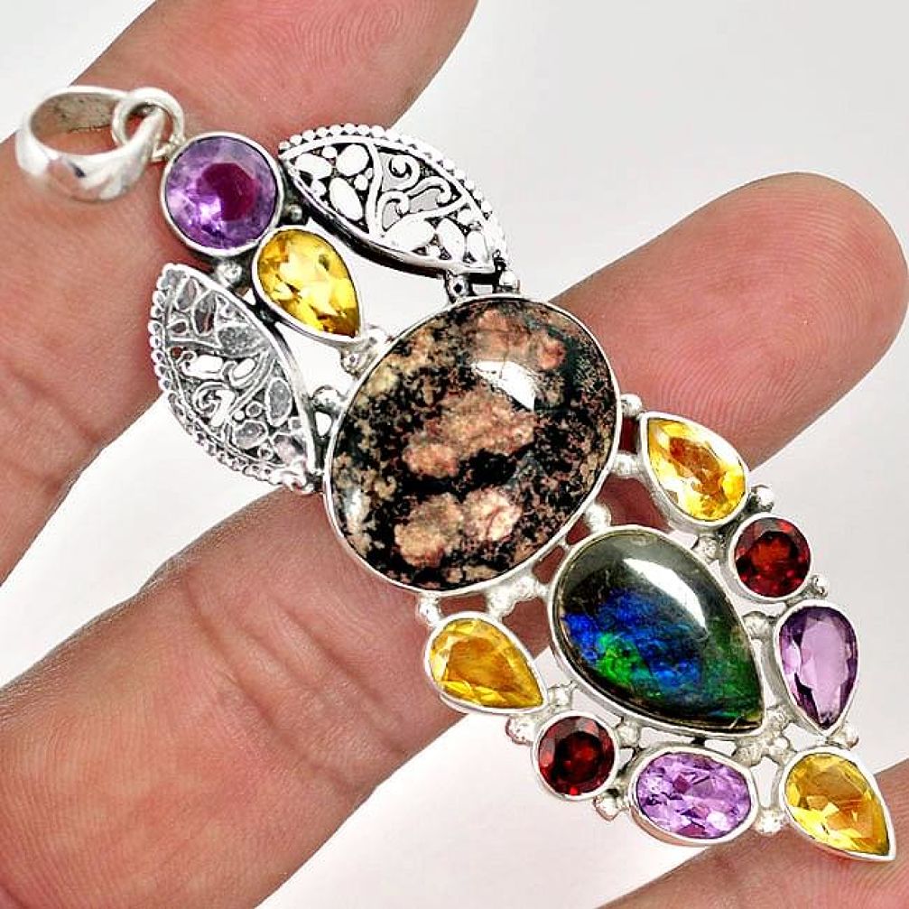 NATURAL RED BIRDS EYE AMMOLITE (CANADIAN) MULTI GEMS 925 SILVER PENDANT F68083