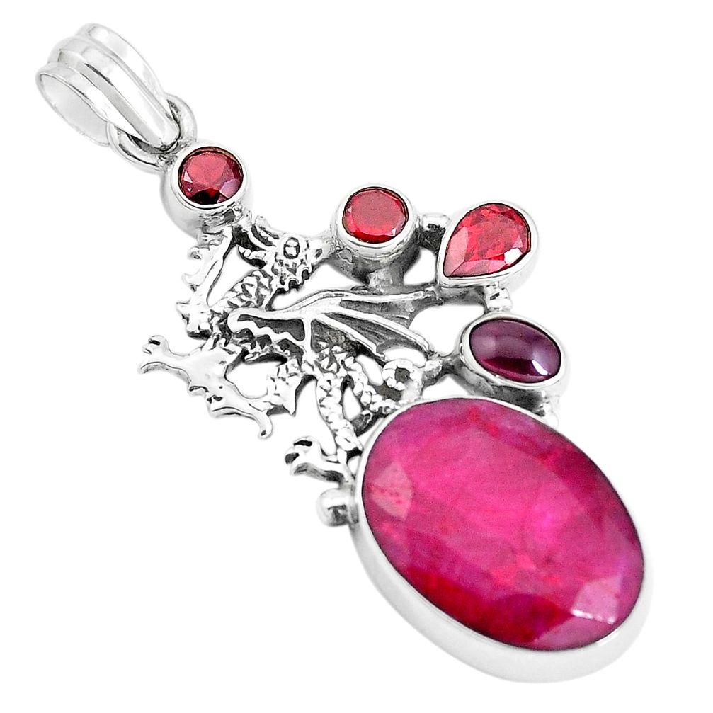 17.36cts natural red ruby garnet 925 sterling silver dragon pendant p38966