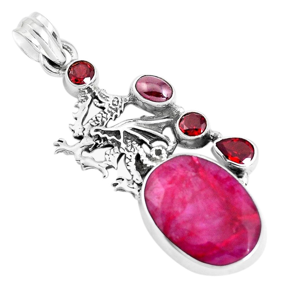 17.69cts natural red ruby garnet 925 sterling silver dragon pendant p38970