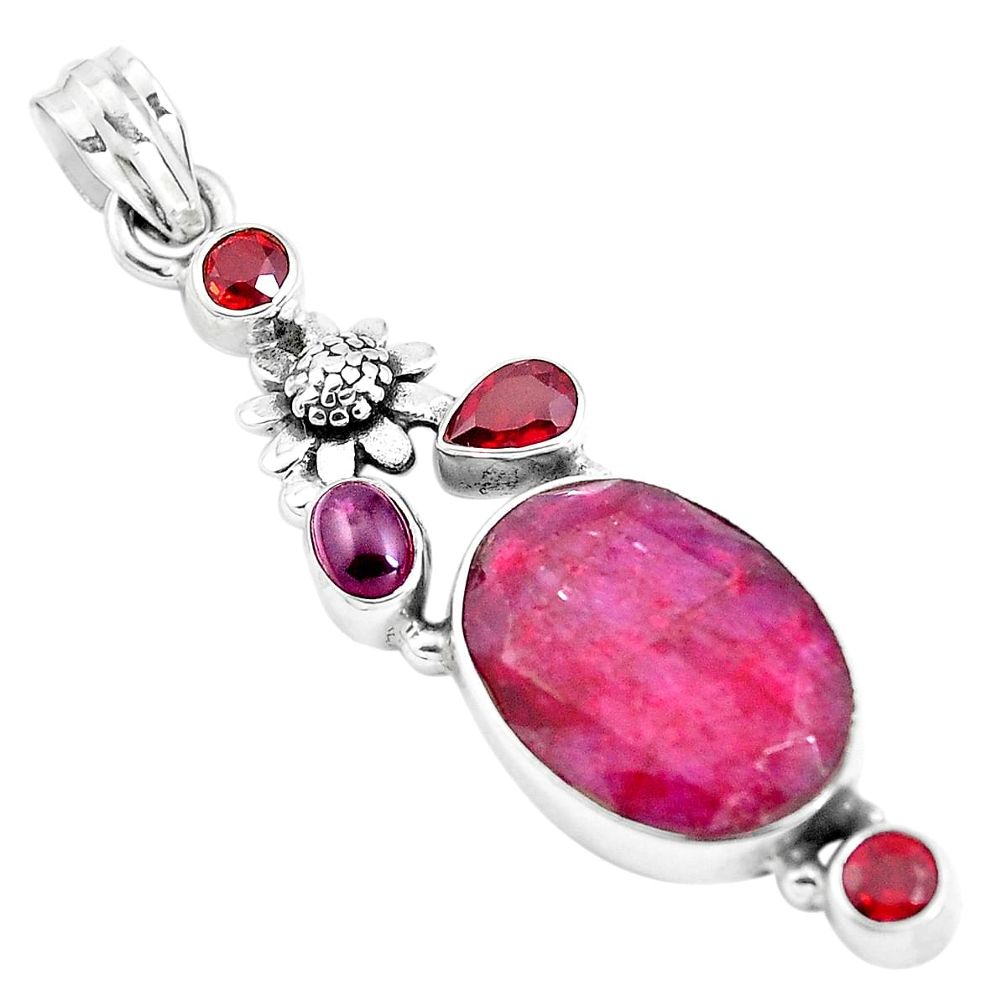 17.64cts natural red ruby garnet 925 sterling silver flower pendant p38980