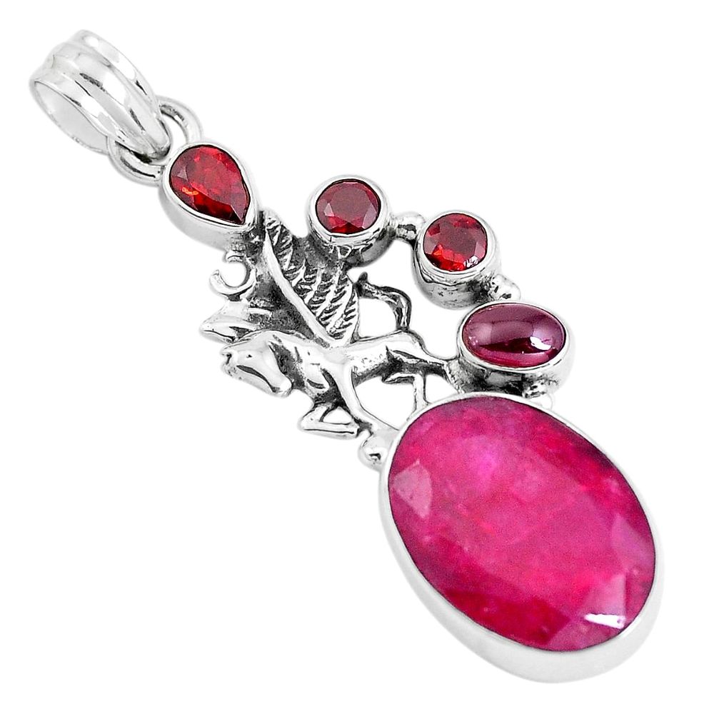 16.92cts natural red ruby garnet 925 sterling silver unicorn pendant p38972