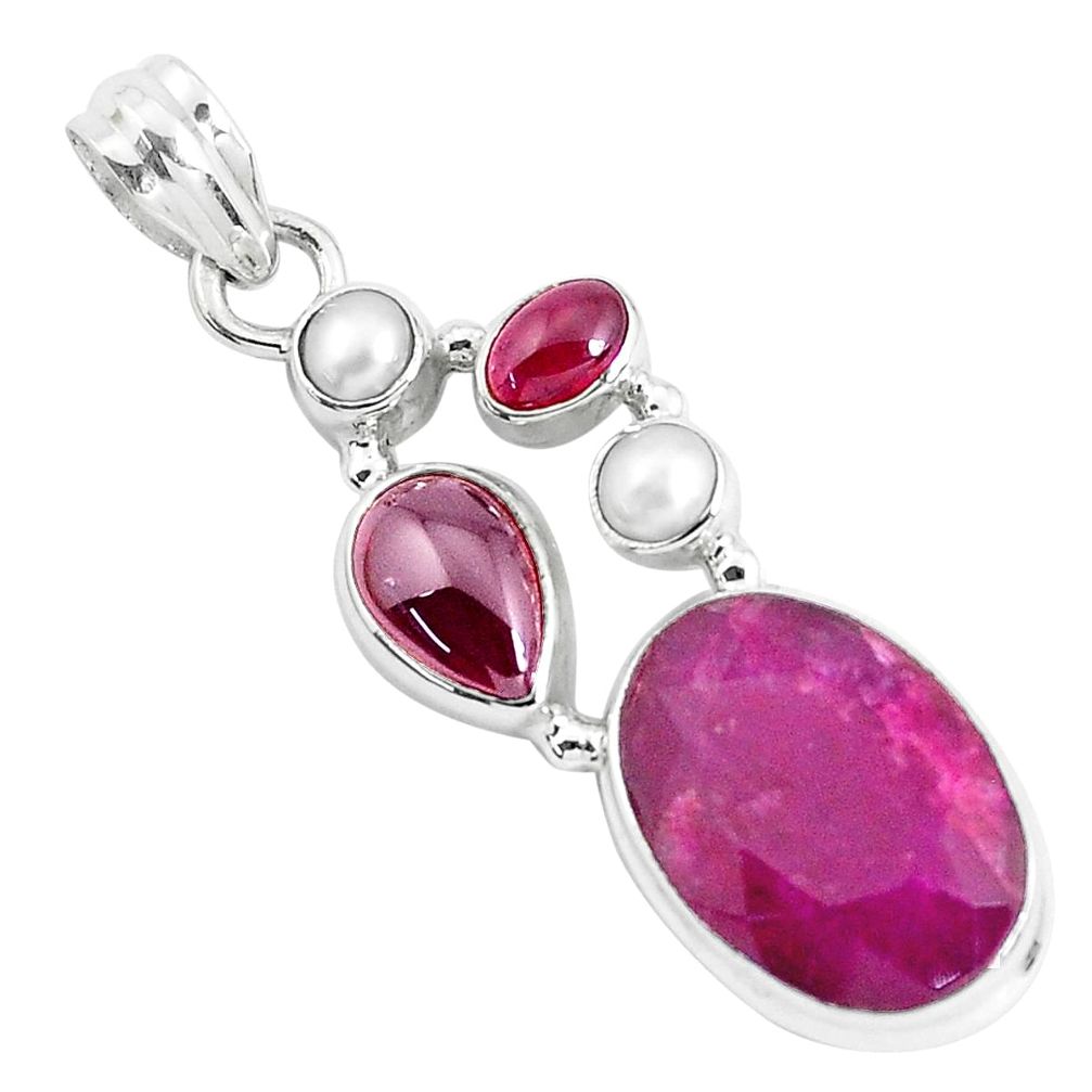 17.69cts natural red ruby garnet pearl 925 sterling silver pendant p49385