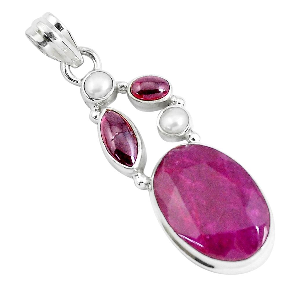 17.69cts natural red ruby garnet pearl 925 sterling silver pendant p49394