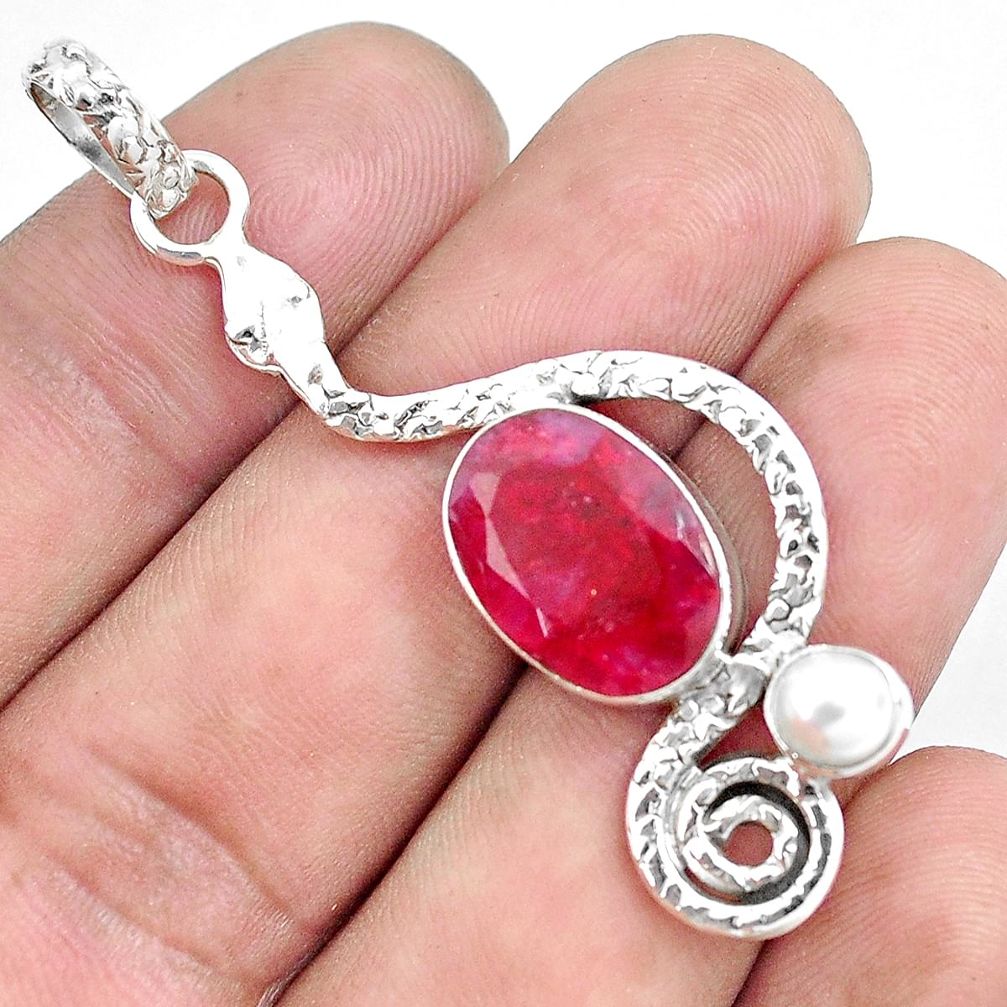 7.51cts natural red ruby pearl 925 sterling silver snake pendant jewelry p49206