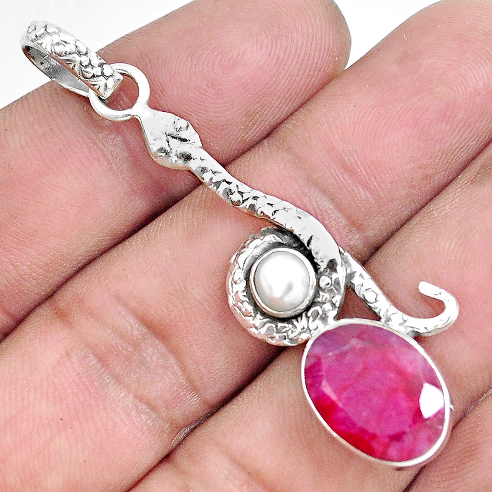 7.66cts natural red ruby pearl 925 sterling silver snake pendant jewelry p49225