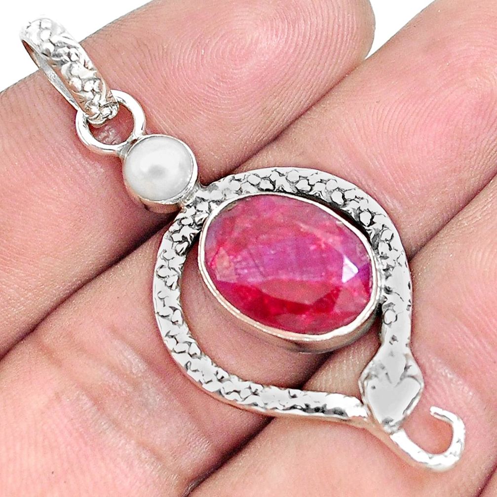 7.66cts natural red ruby pearl 925 sterling silver snake pendant jewelry p49243