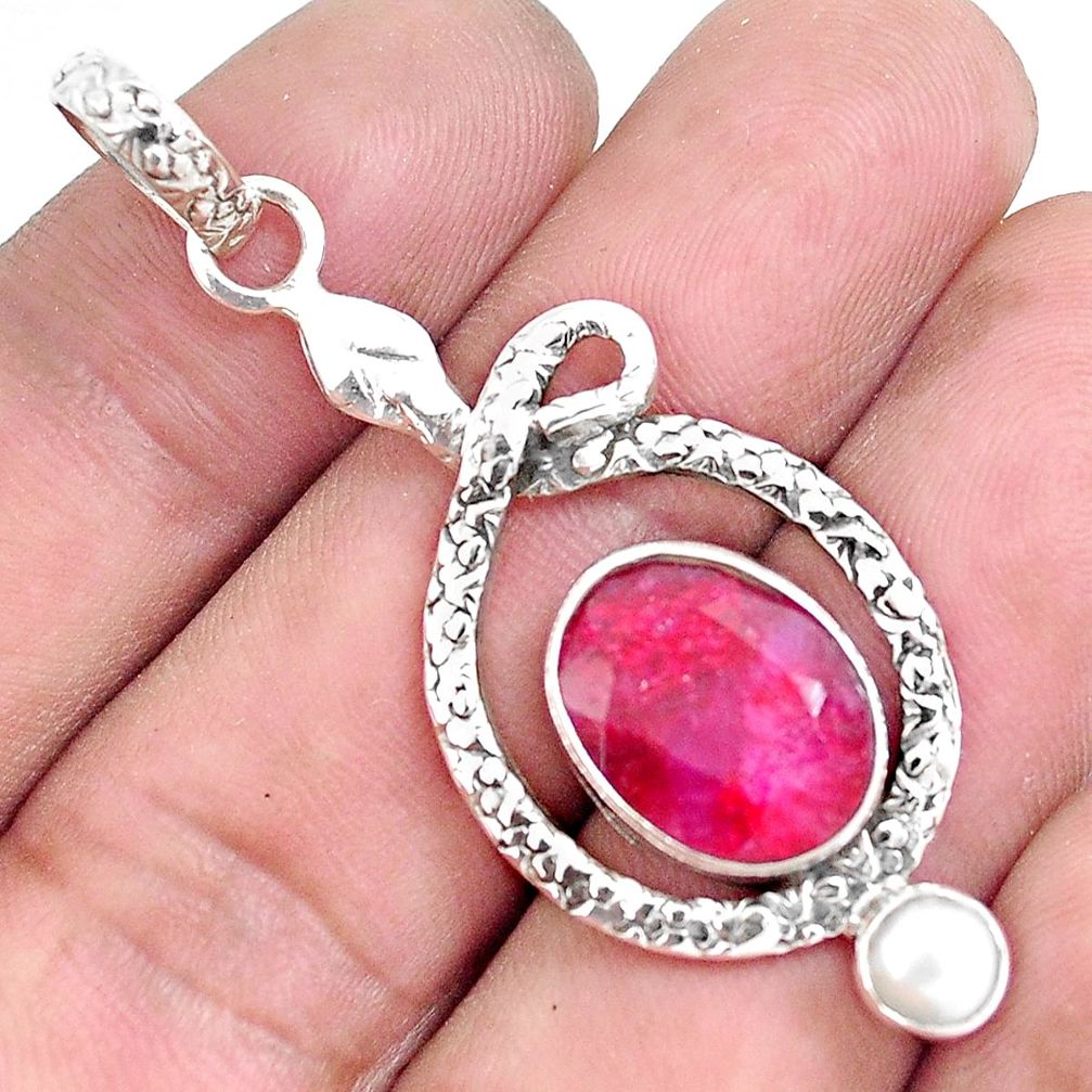 7.83cts natural red ruby pearl 925 sterling silver snake pendant jewelry p49265