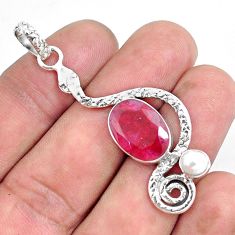 6.84cts natural red ruby white pearl 925 sterling silver snake pendant p49205
