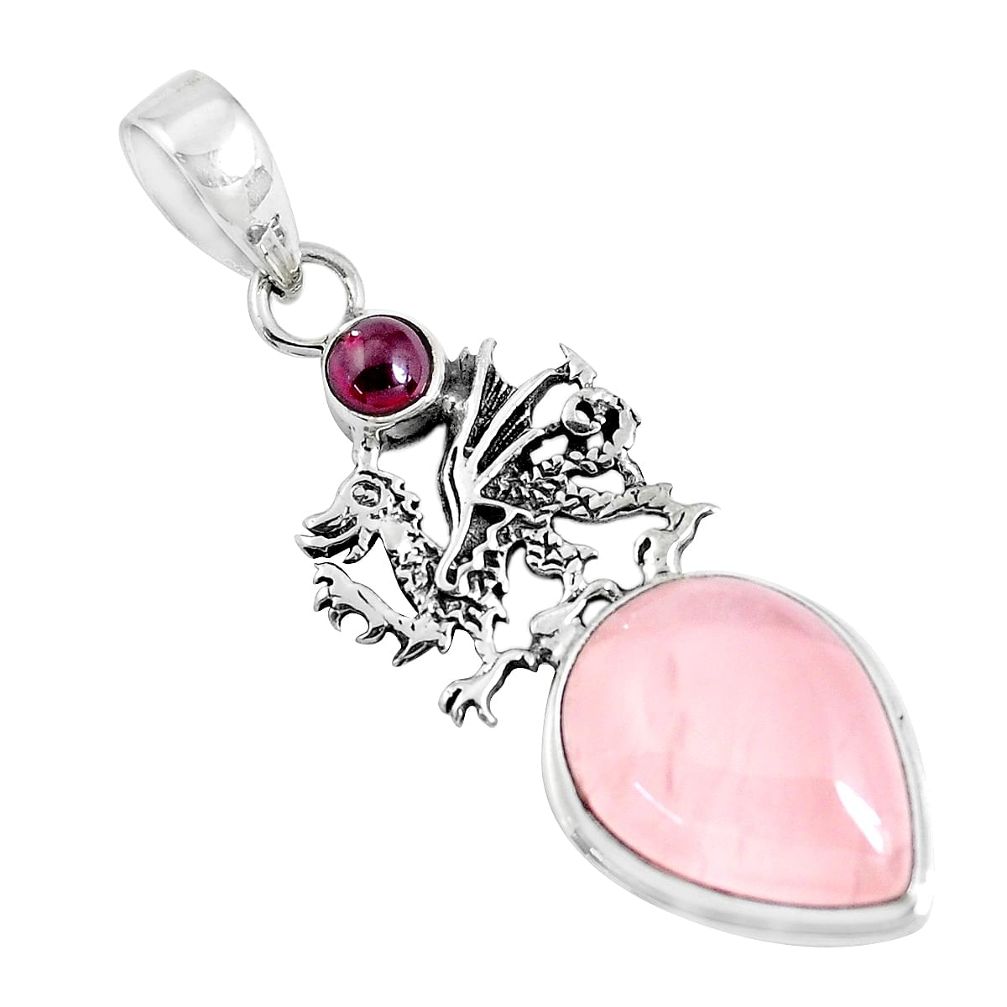 14.21cts natural rose quartz garnet 925 sterling silver dragon pendant p47292