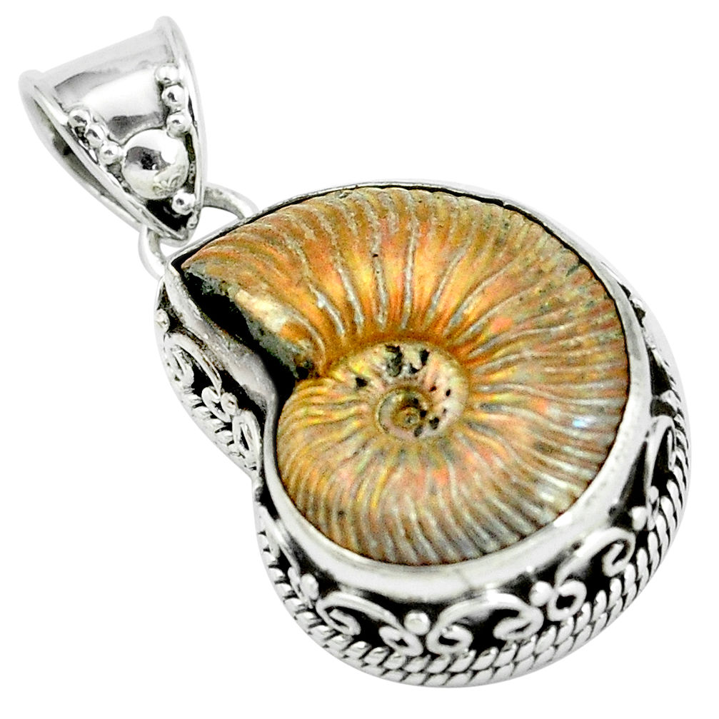 21.91cts natural russian jurassic opal ammonite 925 silver pendant p67310