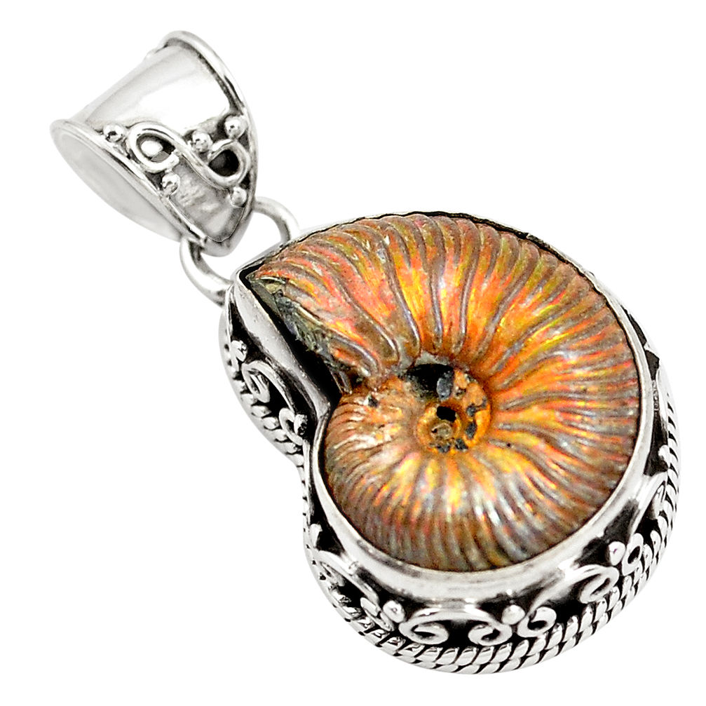 15.17cts natural russian jurassic opal ammonite fancy 925 silver pendant p78120