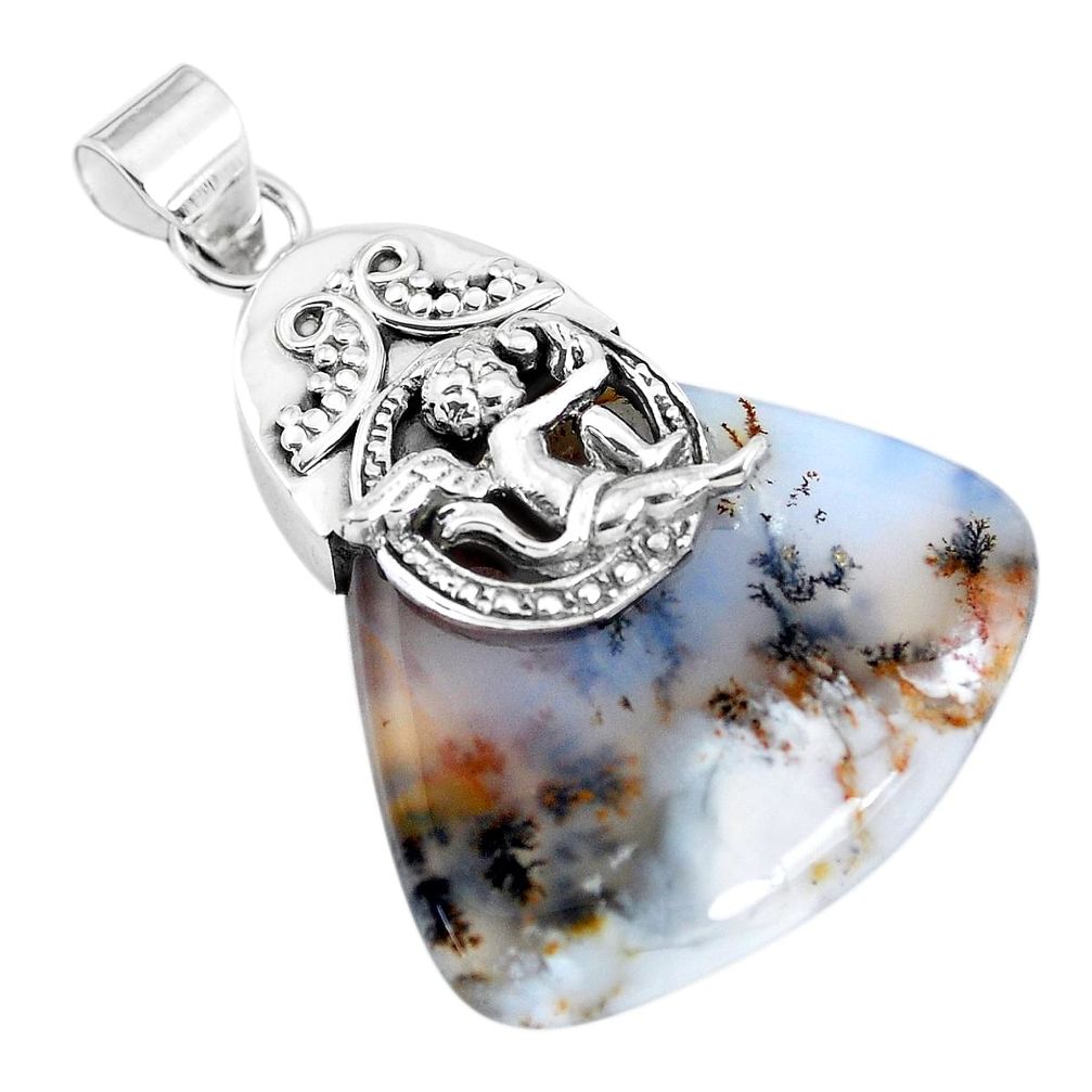 Natural scenic russian dendritic agate silver cupid angel wings pendant p45515