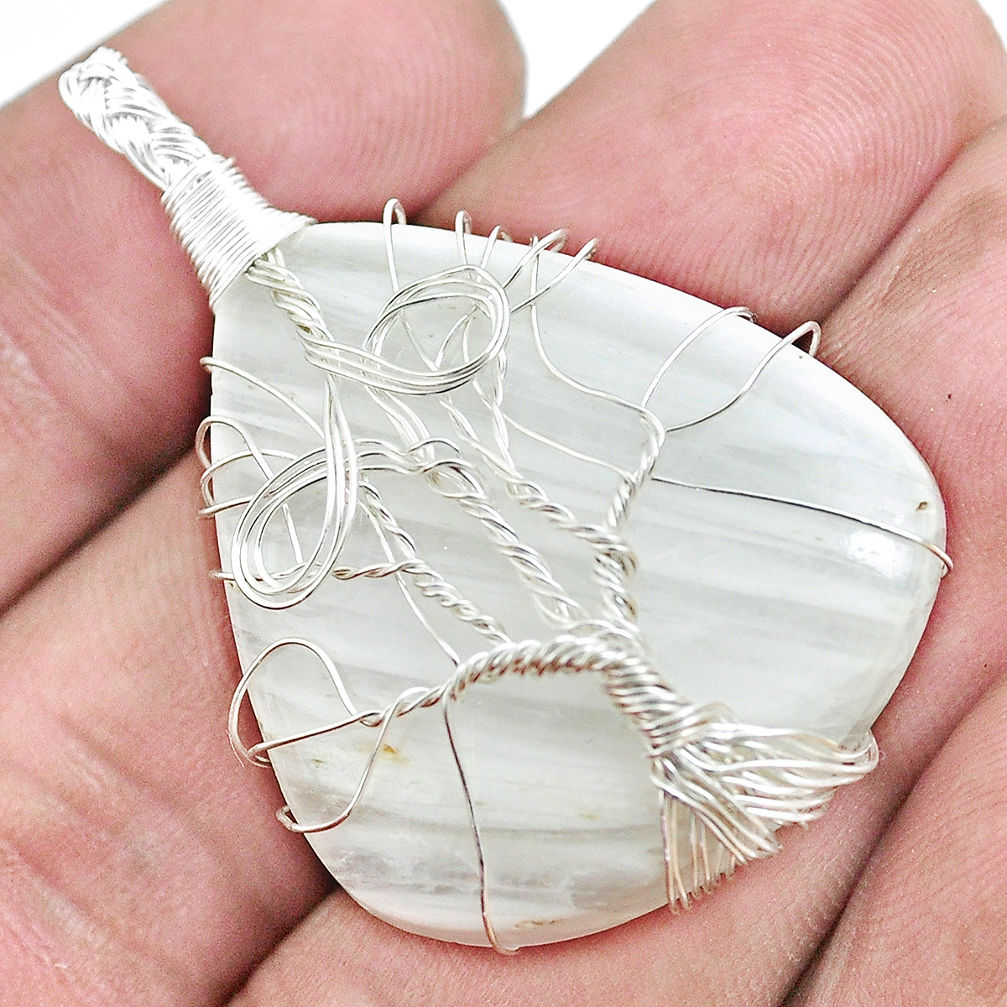 Natural scolecite high vibration crystal 925 silver tree of life pendant p48561