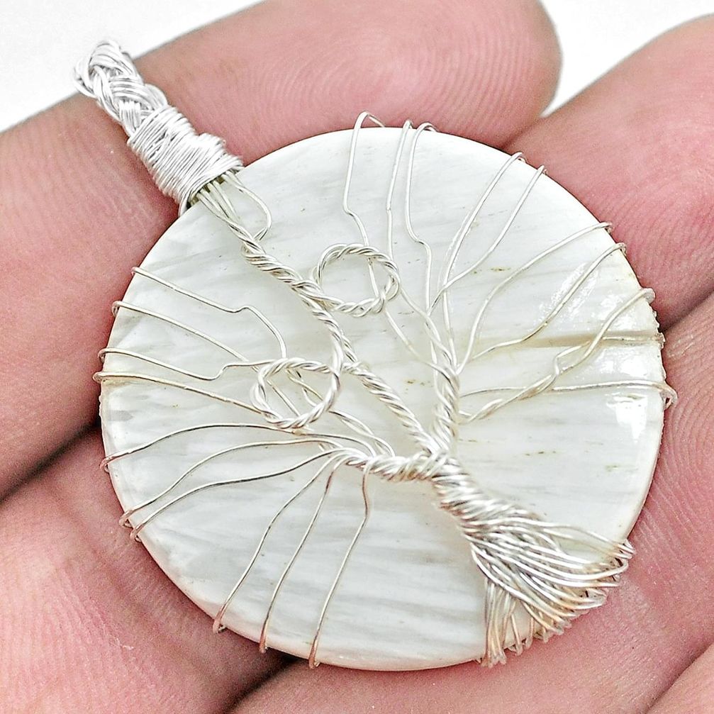 Natural scolecite high vibration crystal 925 silver tree of life pendant p48562