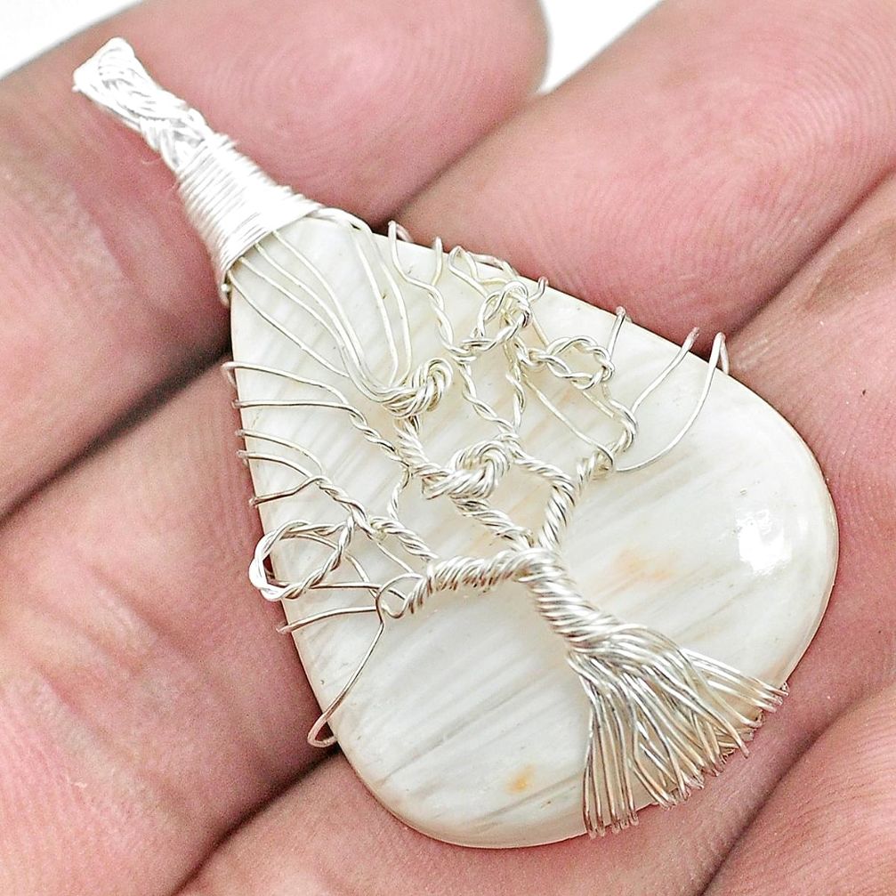 Natural scolecite high vibration crystal 925 silver tree of life pendant p48564