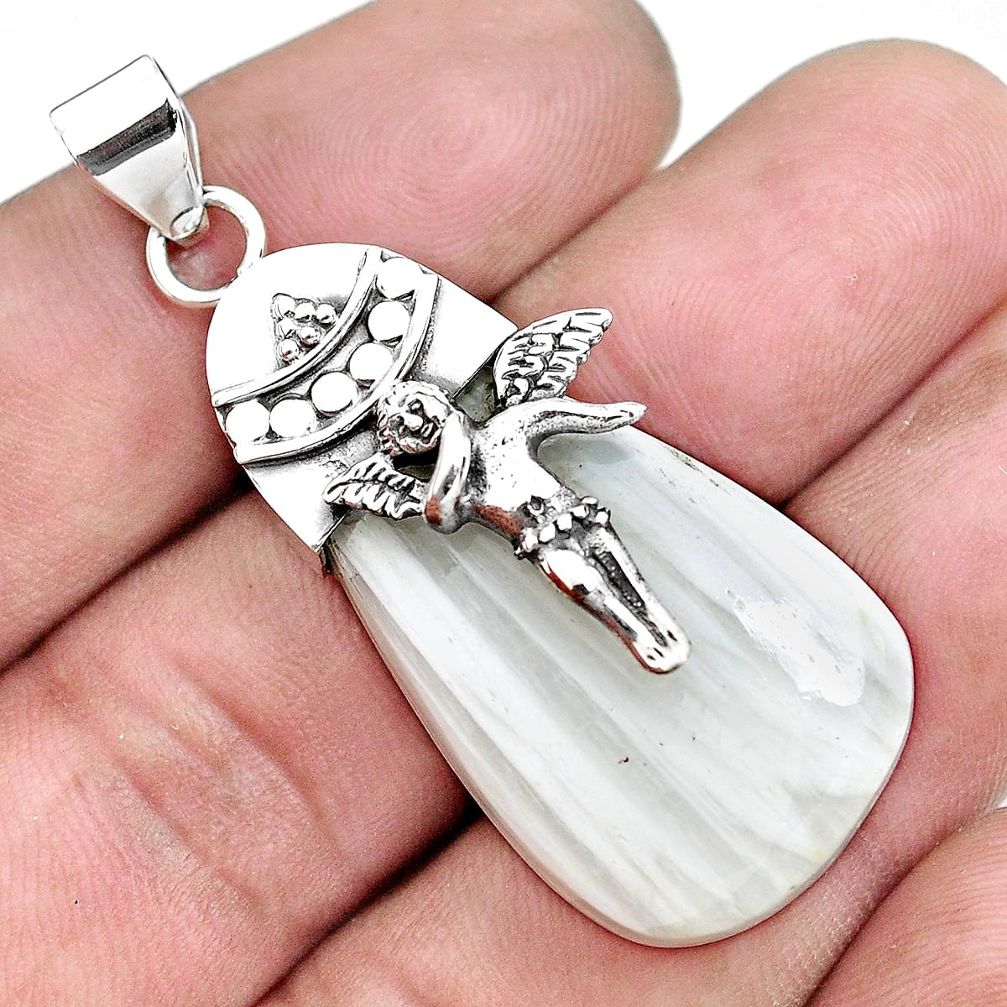 Natural scolecite high vibration crystal silver angel wings fairy pendant p45415