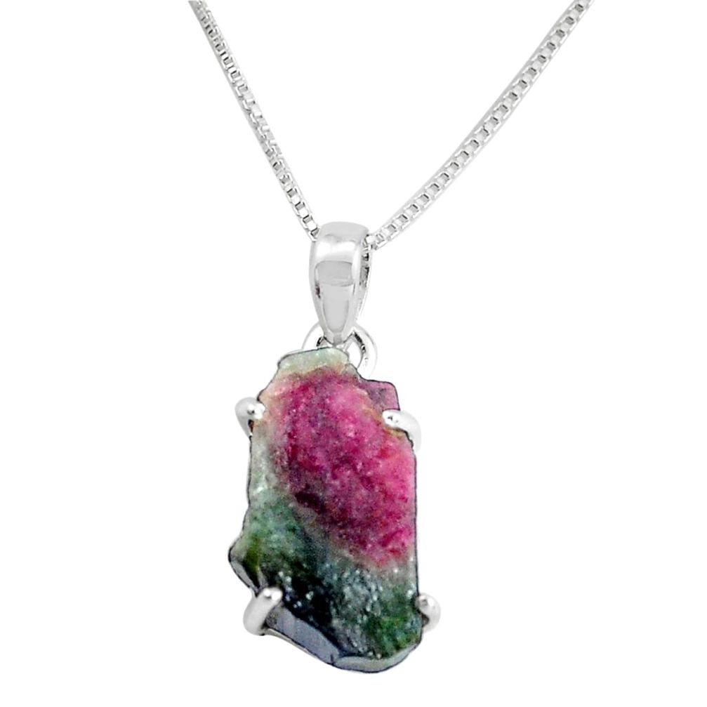 7.08cts natural watermelon tourmaline rough 925 silver 18' chain pendant p58612