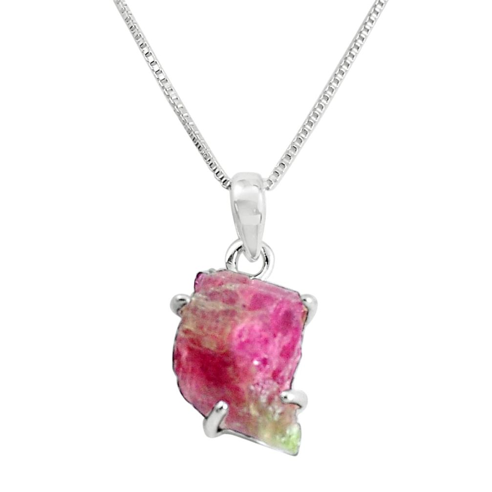 7.04cts natural watermelon tourmaline rough 925 silver 18' chain pendant p58613