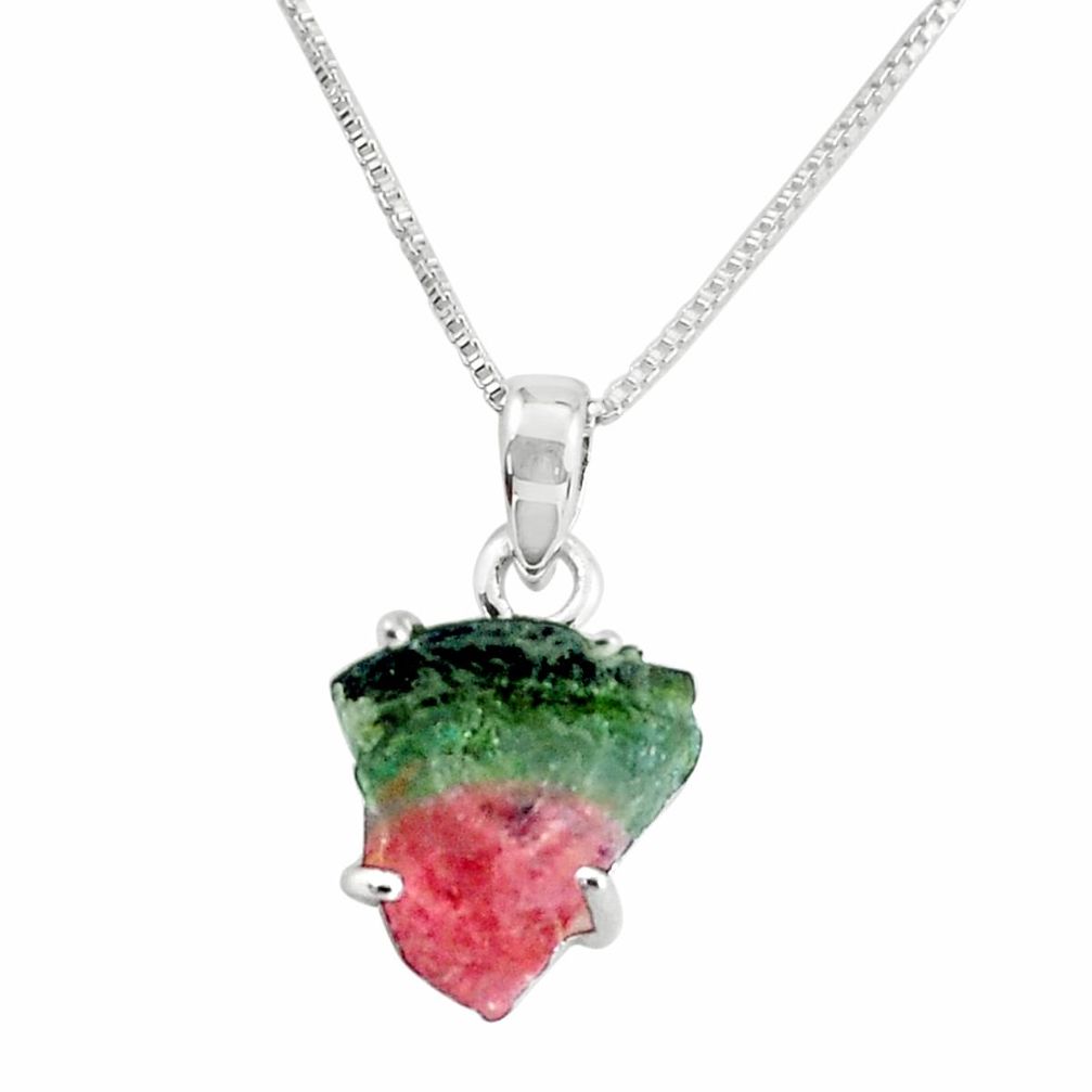 6.10cts natural watermelon tourmaline rough 925 silver 18' chain pendant p58614