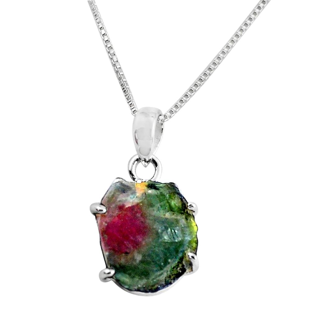 5.54cts natural watermelon tourmaline rough 925 silver 18' chain pendant p58617